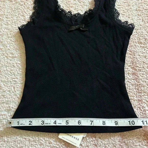 NWT Commense Lace Trim Crop Tank Top Ribbed Bow Front Size XS Black - Picture 7 of 10